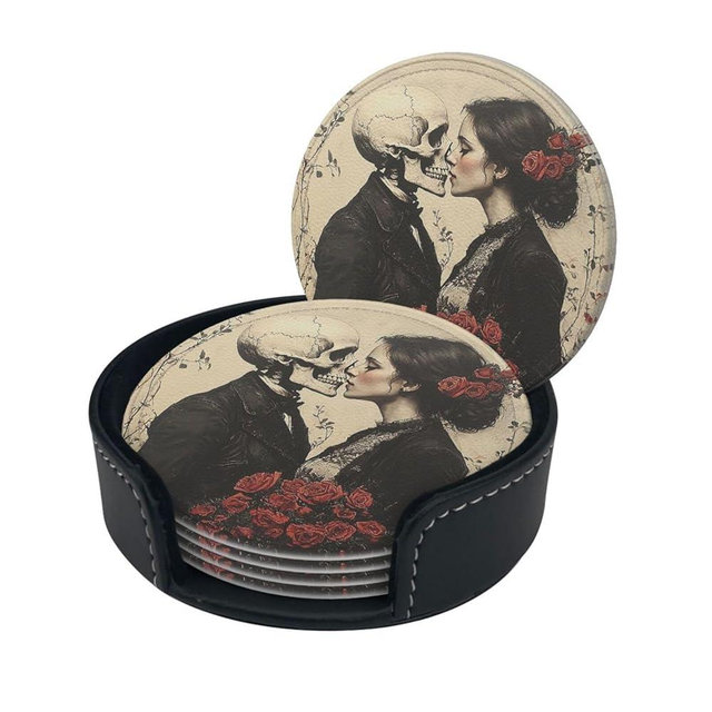 6 Pcs Leather Coasters with Holder Drink Table Cup Coasters for Kitchen Coffee Decor - Skull Gothic Couple Retro Art