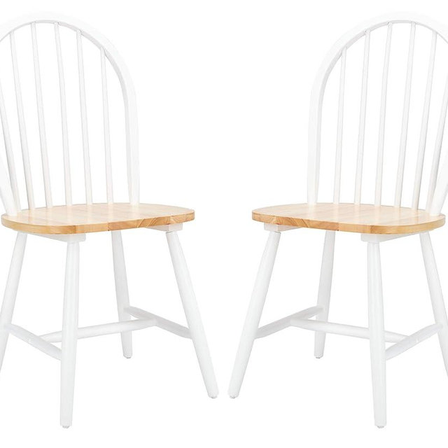 SAFAVIEH Home Collection – Camden Set of 2 White & Natural Windsor Farmhouse Dining Chairs, Oval Spindle Back Wood Chairs, Americana Style Seating (DCH8501F-SET2)