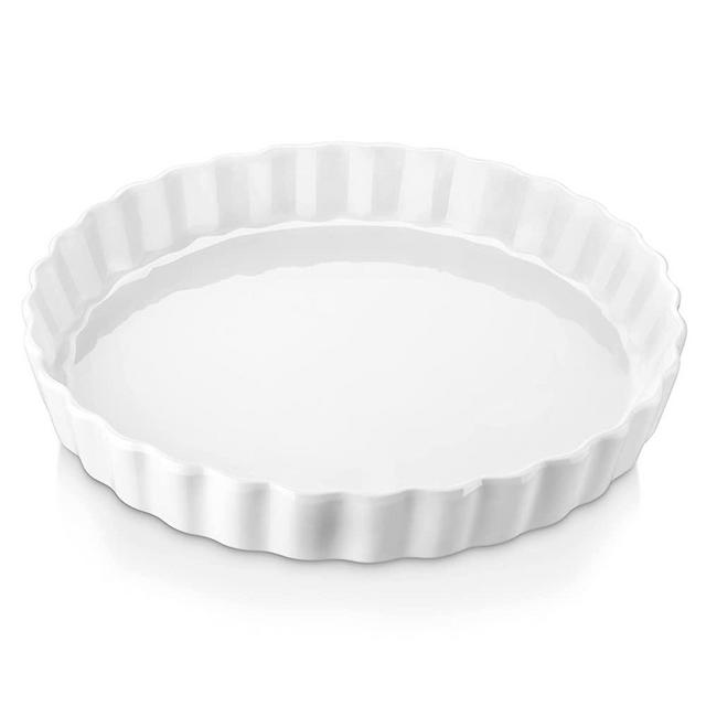 Porcelain Pie Pan 10 Inch Reusable Pie Plate, LOVECASA Non-Stick Quiche Baking Dish, Round Quiche Pan with Ruffled Edge, Pie Dish for Pies | Dinner, Microwave, Dishwasher, and Oven Safe (White)