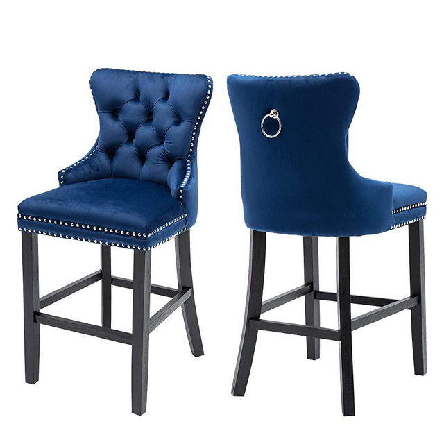 GOOLON Bar Stool Set of 2 Stools for Kitchen Counter Dining Stool Chair Upholstered Velvet Cushion Barstool Tufted Back with Nailhead Trim Rim Wooden Stool for Club Pub Bistro Blue