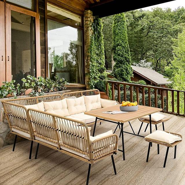 YITAHOME 10-Piece Outdoor Patio Furniture Dining Set, All-Weather Rattan Conversation Set for Backyard Deck with Soft Cushions and Plastic Wood Dining Table (Light Brown+Beige)