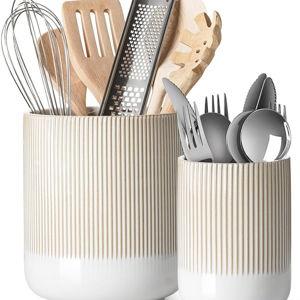 LE TAUCI Utensil Holder for Kitchen Counter, 7.3"+5.4", Set of 2, Warm White Glaze