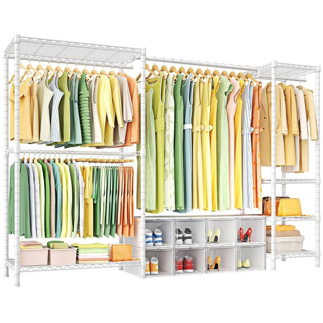 Ulif E10 Clothes Rack（With Stretchable Hanger Rod）Freestanding Clothing Racks for Hanging Clothes，Adjustable Closet Organizer System，Portable Garment Rack 73-97"W x 15" D x 72" H，Max Load 800LBS，White