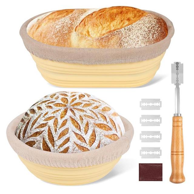 JCORJCUS Proofing Basket, 2pcs Oval Banneton Basket Sourdough Starter Kit with Sourdough Scoring Tool, 9'' Proofing Bowls Baking Supplies for Sourdough, Banneton, Danish Dough, Lame Bread, Beige
