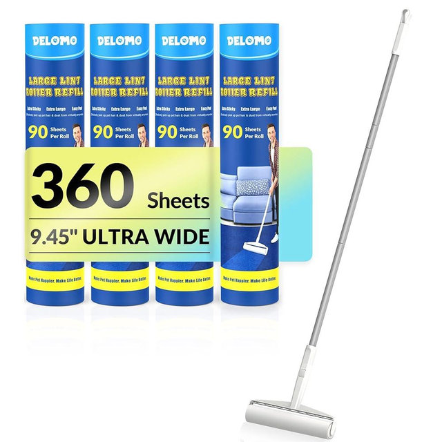 DELOMO Large Lint Roller - 9.45 in Giant Lint Roller Refill 360 Sheets Total, 45 in Telescopic Pole to Clean Without Bending Down, Sticky Rollers for Floor Cleaning Carpets, Cars, Clothing, Pet Hair