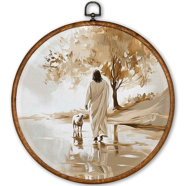 TLESKE Christian Jesus and the Lost Lamb Round Wall Art Decor 10x10, Vintage Christian Easter Framed Canvas Wall Art Prints Artwork, Religious Wall Hanging Room Door Decor for Bedroom Living Room
