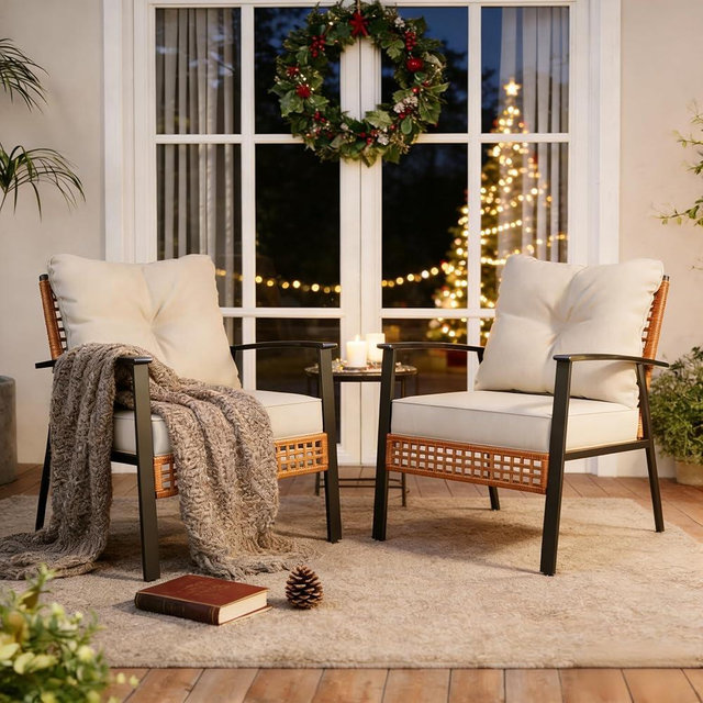 LAUSAINT HOME Outdoor Rattan Bistro Set, Patio Furniture Wicker Chairs Set of 2 with Deep Seating and Thick Cushions, Oversize Conversation Set for Garden, Balcony and Backyard (Beige)