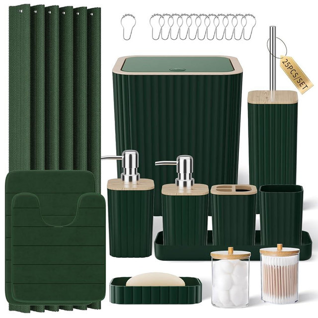 XLHOMO Bathroom Accessories Set - 25PC Green Bathroom Set, Bathroom Set with Shower Curtain and Rugs, Green Shower Curtain Set, Toilet Brush, Bathroom Trash Can