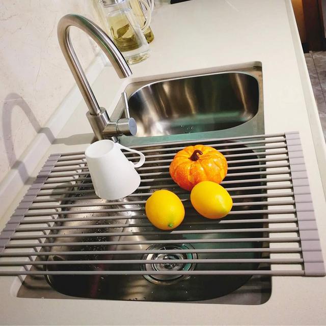 LEASEN Over the Sink Silicone Roll-up Dish Drying Rack Kitchen Drainer Rack (Large 20.5&quot;L x 13.5&quot;W, Round Rob)(Warm Gray)