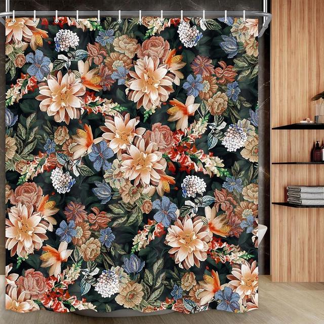 Drgilau Vintage Floral Shower Curtain Set - Blue Flower Plants, Boho Style with Hooks for Bathroom Decor, 72X72 Inch
