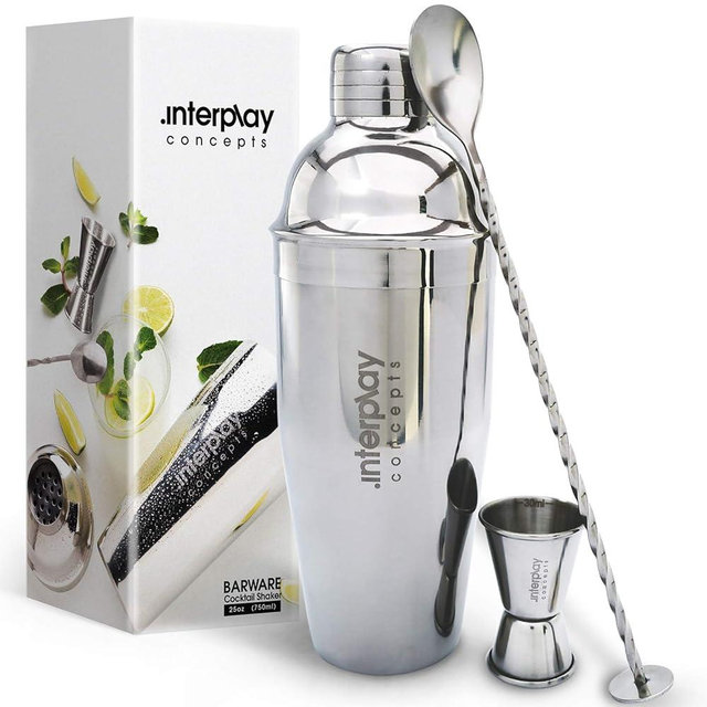 Interplay Concepts 25oz Cocktail Shaker - Large Drink Shaker for Perfect Drinks - Stainless Steel Martini Shaker with Built in Strainer, Jigger & Spoon - Professional Cocktail Shaker Set for Mixing
