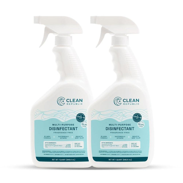 Clean Republic Multi-Purpose Disinfectant Antibacterial Spray, For Disinfecting and Deodorizing, Bleach Free and Fragrance Free, 32oz - 2 Pack