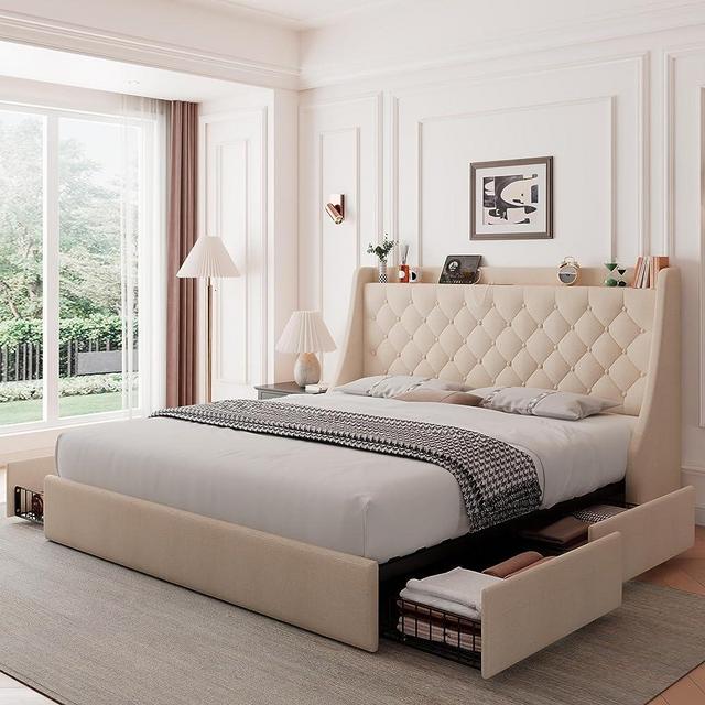 Feonase Queen Bed Frame with 4 Storage Drawers, Type-C & USB Port and Charging Station, Upholstered Wingback Headboard and Storage Shelf, No Box Spring Needed, Easy Assembly, Beige