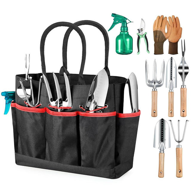 Grenebo Gardening Tools 9-Piece Heavy Duty Gardening Hand Tools with Fashion and Durable Garden Tools Organizer Handbag,Rust-Proof Garden Tool Set, Ideal Gardening Gifts for Women (Black Red)