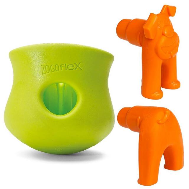 WEST PAW Zogoflex Holiday Toppl Treat Dispensing Dog Toy Puzzle – Dog Toy for Moderate Chewers, Fetch, Catch – Holds Kibble, Treats, Small, Granny Smith, Toppl Stopper Tangerine 2 Pack