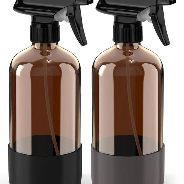 Glass Spray Bottle with Silicone Sleeve Protection, Amber Glass Spray Bottle Set for Non-toxic Window Cleaner Aromatherapy Facial Hydration Watering Flowers Hair Care 2 Pack/16 oz (Black & Grey)