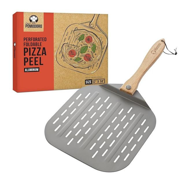 Chef Pomodoro Perforated Aluminum Metal Pizza Peel with Foldable Wood Handle for Easy Storage, Pizza Spatula, Premium Pizza Paddle with Holes for Baking Homemade Pizza and Artisan Breads (12 inch)