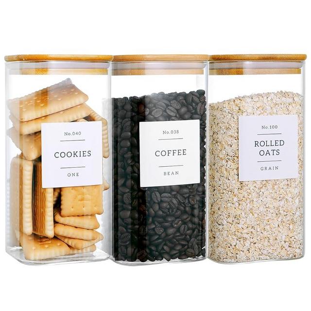 CZZGSM 3 Pack Square Glass Kitchen Storage Jars with Airtight Bamboo Lids and 132 Pantry Labels - 54oz Glass Canisters with Wood Lids - Glass Food Storage Containers for Sugar, Rice, Pasta, Cereal