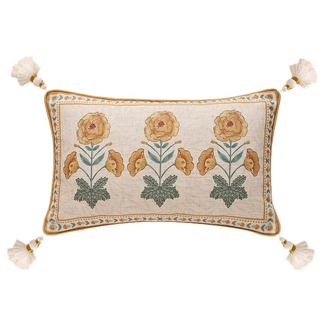 patdrea Designer Rectangle Throw Pillow Covers for Couch 12"x20",Vintage French Linen with Beige Daisy Floral Pattern and White Pendant,Farmhouse Decorative Lumbar Cushion for Bed,Living Room