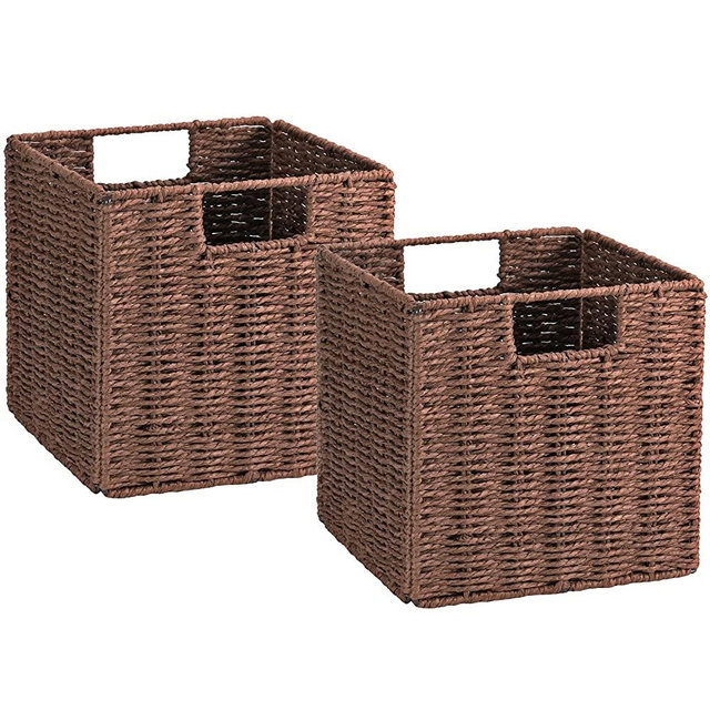 Vagusicc Wicker Storage Baskets, Set of 2 Hand-Woven Storage Baskets for Shelves with Handles, Foldable Cube Storage Baskets Bins Organizer 13 inch Large Wicker Baskets for Pantry Bedroom Decor, Brown