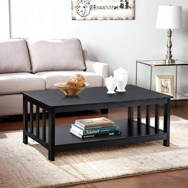 ChooChoo Black Wood Coffee Table for Living Room, Rectangle Mission Coffee Table with Shelf, 40 Inch, Easy Assembly