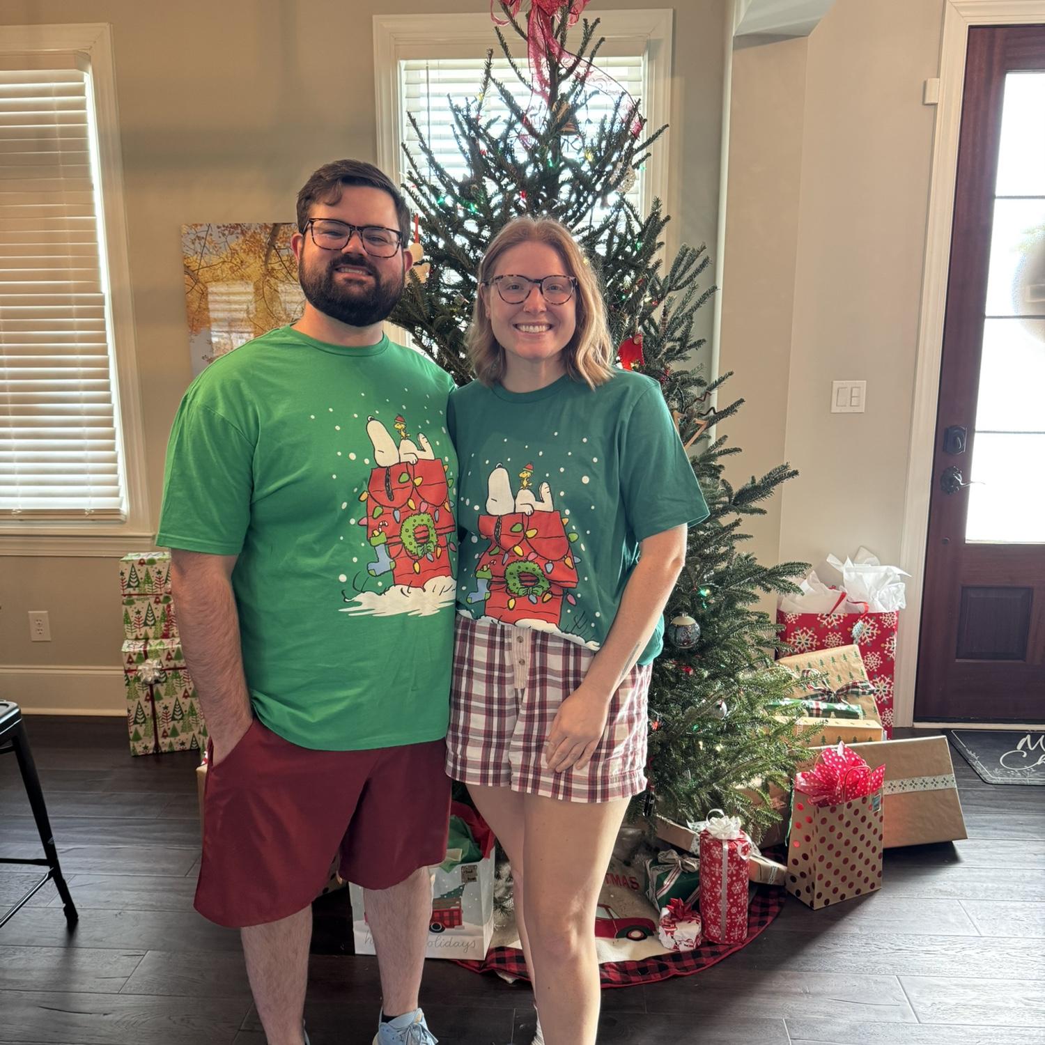 Matching Christmas shirts have become a tradition.