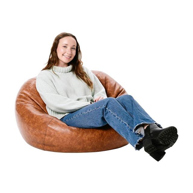 Factory Direct Partners 35" Rustic Western Bean Bag Chair; Distressed Faux Leather, Low to Ground for Reading, Playing Video Games and Relaxing; Flex Seating for Home and School - Hazelnut, 10478-322