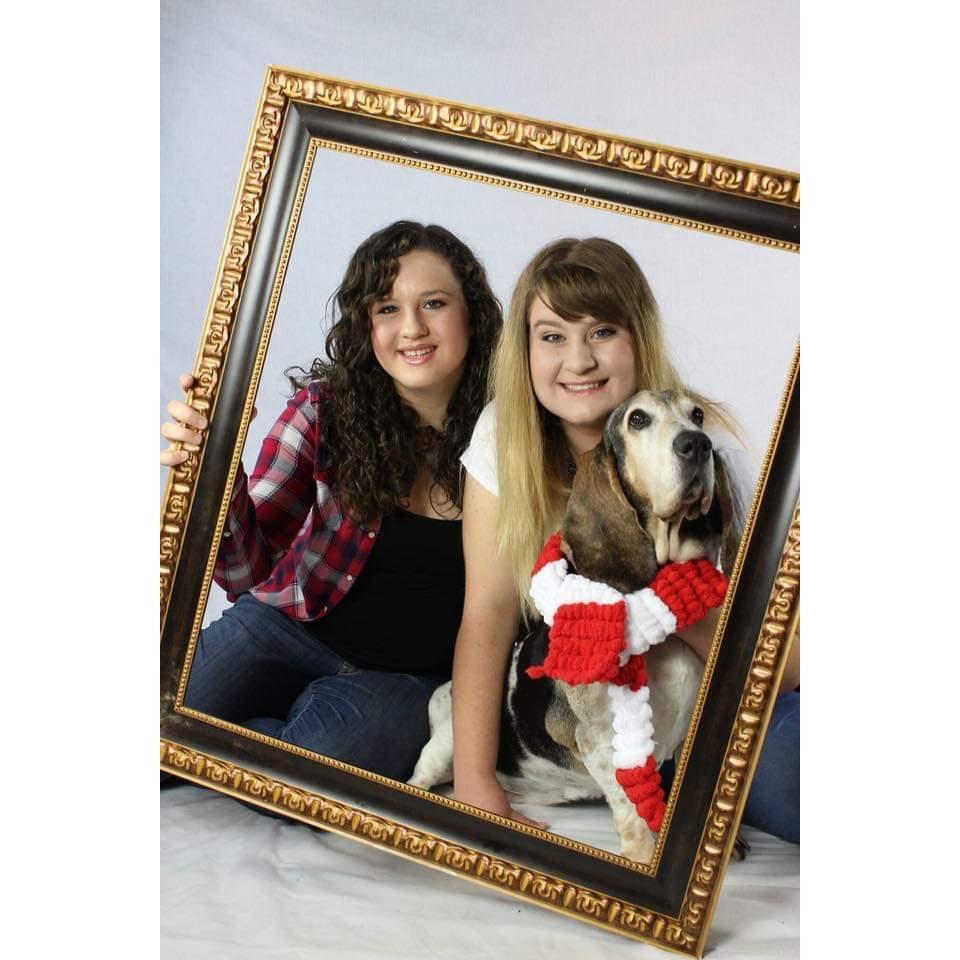Daughters, Katie and Rebecca....an the former queen, Heidi the Basset Hound