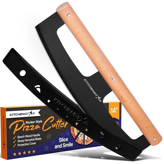 14" Pizza Cutter Rocker by KitchenStar - Razor Sharp Stainless Steel Slicer Knife w Wooden Handle & Blade Cover, Black - Premium Pizza Oven Accessories