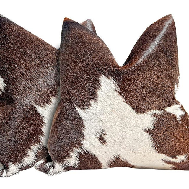Artigar Pack of 2 Set Brown Real Cowhide Genuine Leather Cushion Covers Throw Pillow for Farmhouse Decorations Chair Sofa Living Room Bedroom Decor Hair On Leather Fur 45 Cm 18 Inch Style-2056