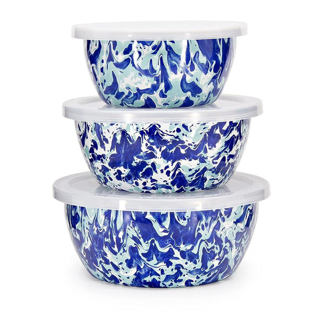 Golden Rabbit Enamelware - Ocean Swirl Pattern - Set of 3 - Nesting Bowls