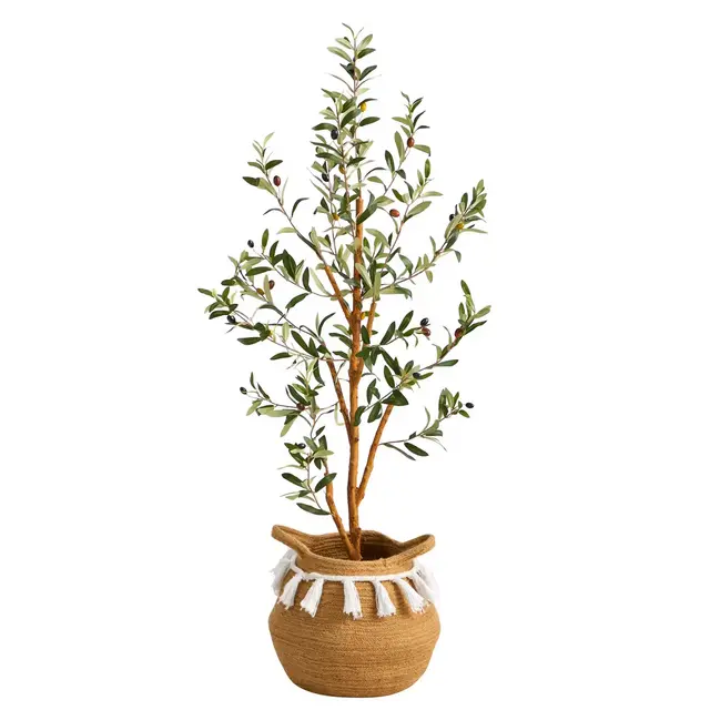 Nearly Natural 3.5-ft Artificial Olive Tree with Handmade Jute & Cotton Basket with Tassels
