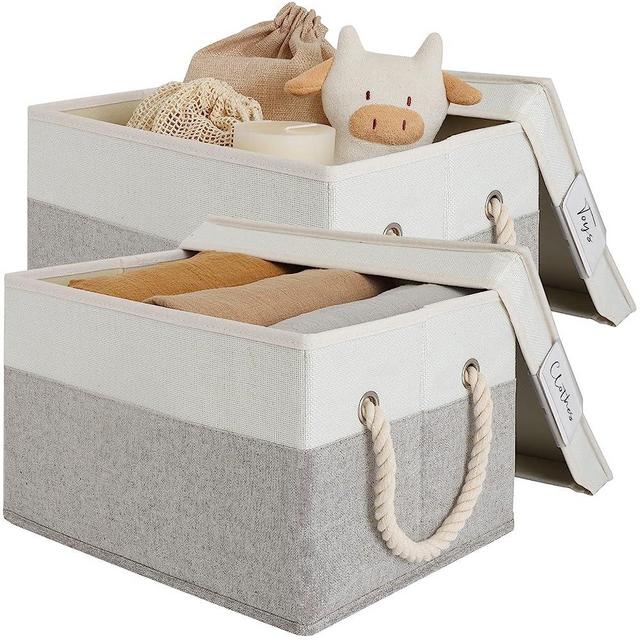LoforHoney Home Fabric Storage Bins with Lids for Organizing, Foldable Storage Boxes with Lids for Shelves, Clothes Baskets with Cotton Rope Handles, Closet Storage Bins, Large, Beige & Gray, 2-Pack