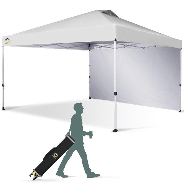 CROWN SHADES 12x12 Pop Up Canopy Tent Instant Commercial with 150D Silver Coated Fabric Including 1 Removable Sidewall, 4 Ropes, 8 Stakes, Weight Bags, STO 'N Go Bag, White
