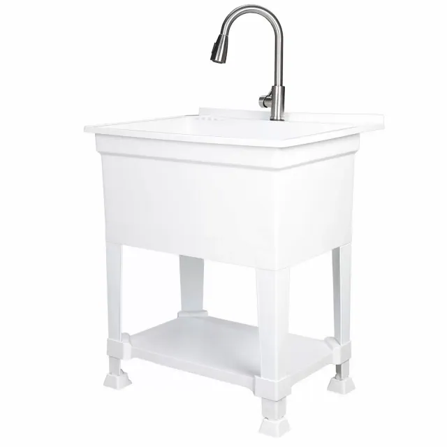 UTILITYSINKS Plastic 30 Inches Freestanding Utility Tub Sink with Heavy Duty Stainless Steel Pull Faucet for Garage, Laundry Room, and Garden, White