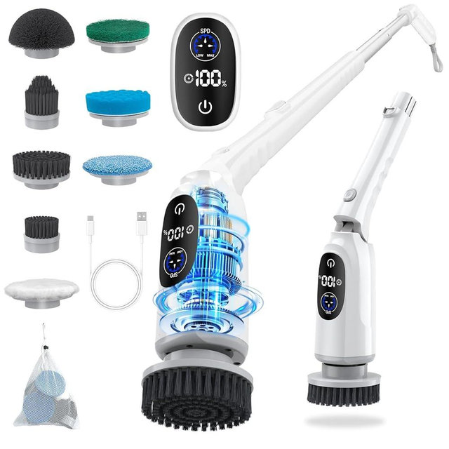 Electric Spin Scrubber, 2025 Upgraded Cordless Bathroom Scrubber, Aluminum Alloy Telescopic Handle, Shower Cleaner Brush with LED Display, 3 Speeds, 8 Brush Heads, IPX7 Bathtub Electric Cleaning Tool