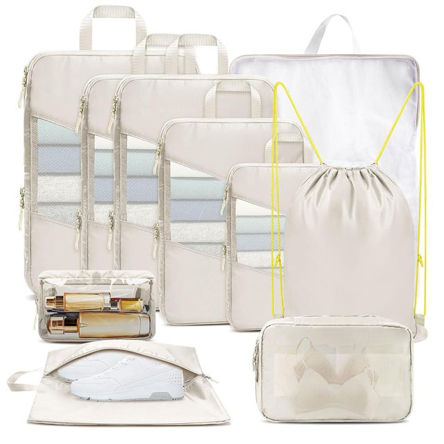 10 Set Compression Packing Cubes for Travel, Suitcase Organizer Bags Set for Travel Accessories, Lightweight Essentials, Beige
