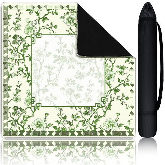Sonwyoung Chinoiserie Mahjong Mat with 1 Carrying Bag 31.5" x 31.5" Green and White Rubber Anti Slip and Noise Reduction Multi Purpose Game Table Cover for Mahjong, Card, Board Tile Games
