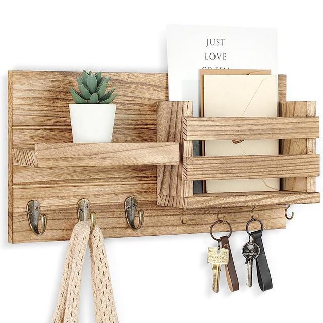 Lwenki Mail Organizer for Wall Mount – Key Holder with Shelf Includes Letter Holder and Hooks for Coats, Dog Leashes – Rustic Wood with Flush Mounting Hardware (16.5” x 8.7” x 3.5”) (Wood)