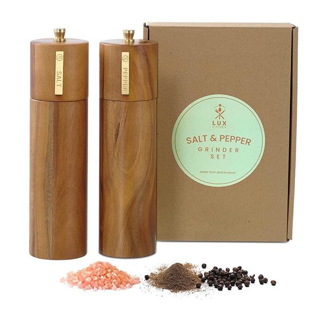 Lux Kitchen Wooden Salt and Pepper Grinder Set, Acacia Wood Refillable Pepper Grinder Salt Shakers- Hand Grinder