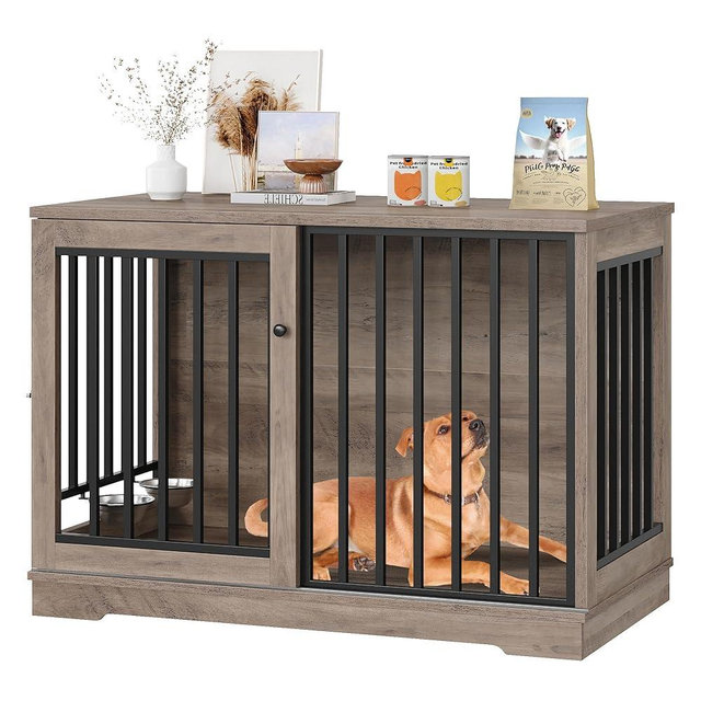 TTVIEW 47” Large Dog Crate Furniture, Heavy Duty Dog Kennel Indoor with Sliding Door and 2 Adjustable Bowls, Rustic Wooden Dog Cage Pet House for Large Dogs, End Table for Living Room, Grey Wash