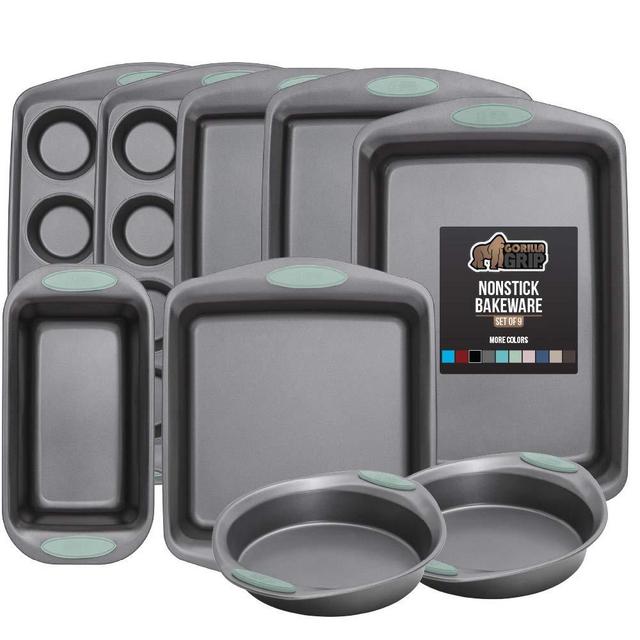 Gorilla Grip Original Kitchen Bakeware Sets, 9 Piece Baking Set, Silicone Handles, Includes 2 Large Size Cookie Sheets, 2 Round Cake Pans, 2 Muffin Pans, Loaf Pan, Large Roaster, Square Pan, Mint
