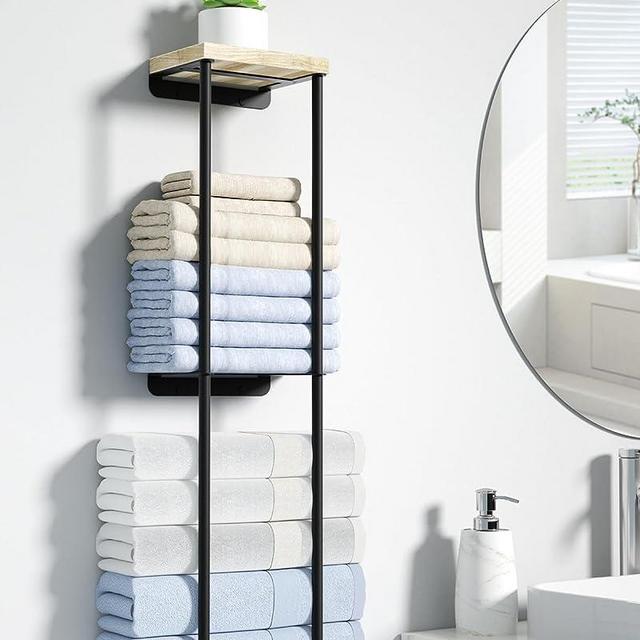 Wall Towel Rack for Rolled Towels, 2 Tier Bathroom Towel Storage with Wood Shelf, Metal Wall Mounted Towel Storage for Small Bathroom