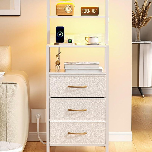 Furnulem Night Stand, White Bedside Nightstand with 4-Tier Shelves and 3 Fabric Drawers, LED Bed Side Tables with Charging Station, Tall Dresser for Bedroom, Hallway, Office