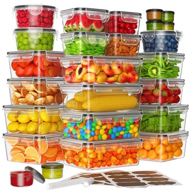 KEMETHY 50-Piece Large Food Storage Containers with Lids Airtight (25 Containers & 25 Lids), Kitchen Organization, Meal Prep, Reusable, Stackable, BPA-Free, Leak-Proof with Labels & Marker Pen