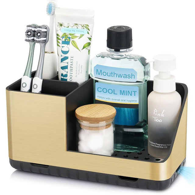 PARKMANI Bathroom Countertop Organizer, Toothbrush Holders, Kids Electric Toothbrush & Toothpaste Holders, Bathroom Accessories Organizer and Storage (Brushed Gold)