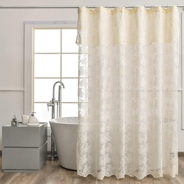 YJ YANJUN Cottagecore Shower Curtain 84 inches Long Ivory Lace Shower Curtain with Attached Valance Elegant Bohemian Bath Curtain for Bathroom Chic Cream Bath Curtain 72x84 Ivory