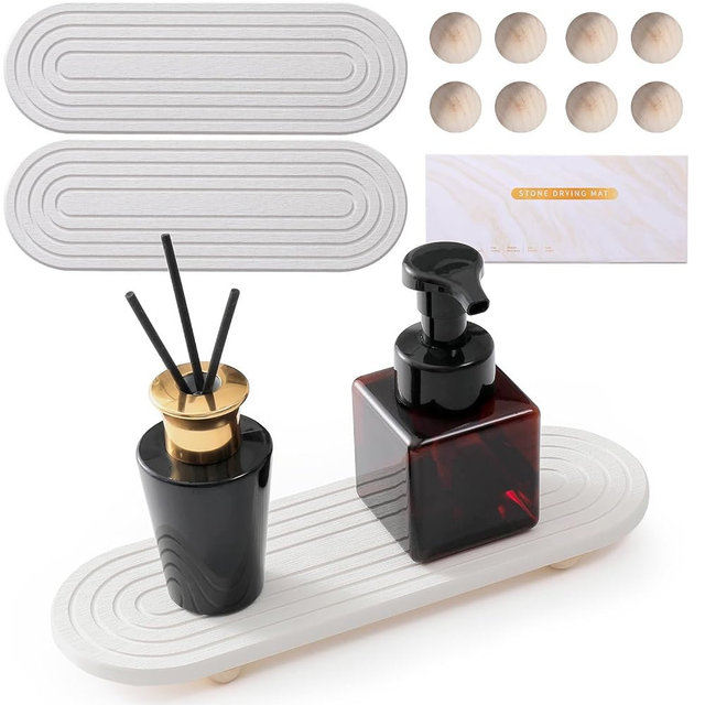 Instant Dry Stone Sink Tray, 11.8x3.9 Water Absorbing Diatomite Stone Tray for Sink with Wooden Feet, Sink Caddy Stone, Kitchen Sink Organizer (White-2)
