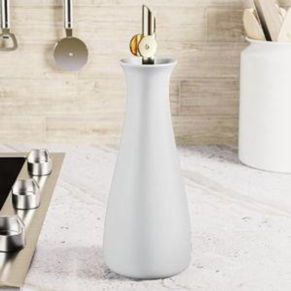 Ceramic Olive Oil Dispenser with Self-Closing Gold Spout - 530 ML Capacity Matte White Ceramic Oil Dispenser for Kitchen - Leak Proof EVOO Dispensing Bottle - Stylish, Ergonomic, Durable, Easy Pour