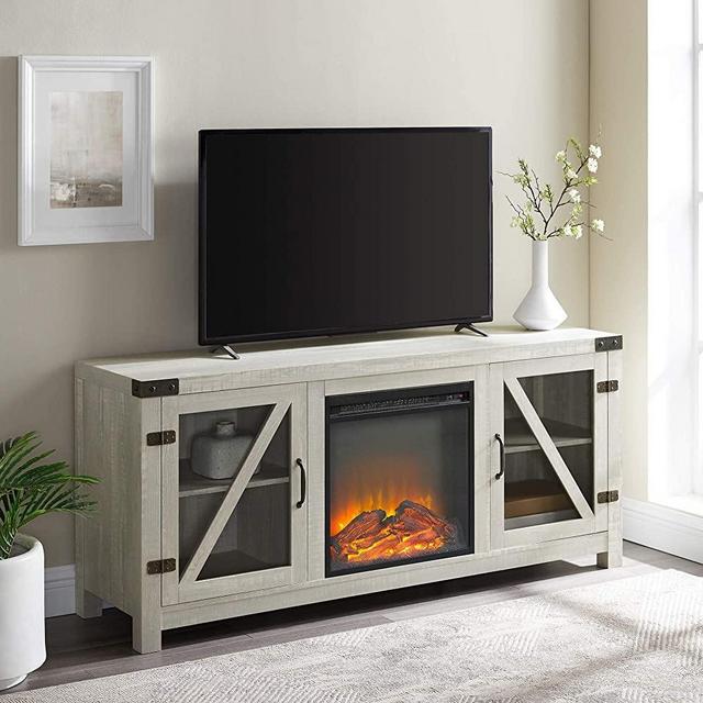 Walker Edison Farmhouse Barn Wood and Glass Fireplace Stand for TV's up to 64" Flat Screen Living Room Storage Cabinet Doors and Shelves Entertainment Center, 58 Inch, Stone Grey